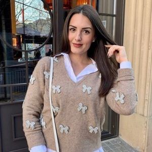 ZARA Sweater With Faux Pearl Bows L